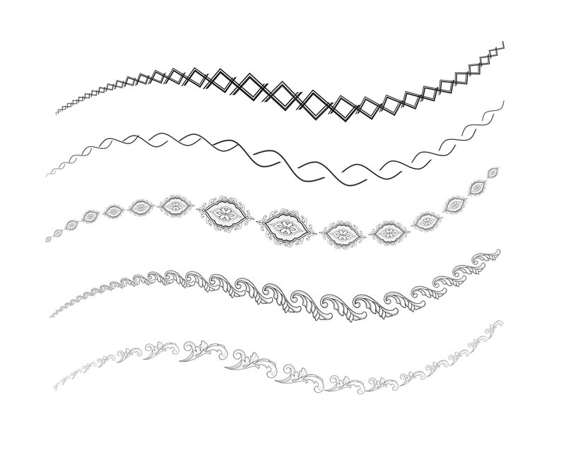 May include: A set of five black and white decorative borders, each with a different design. The borders are curved and have a whimsical, ornate style.