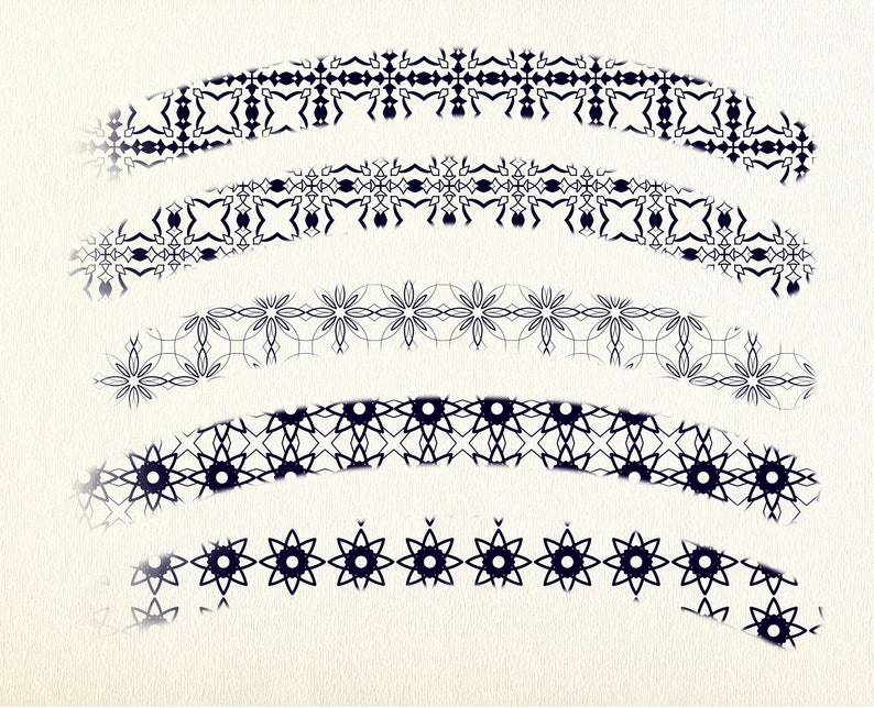 May include: Five black and white decorative borders with intricate geometric patterns. The borders are arranged in a curved shape, with the top border being the largest and the bottom border being the smallest.