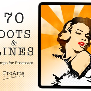 Puede incluir: Una ilustración digital de una mujer con cabello corto y oscuro en estilo pop art. La imagen está en la pantalla de una tableta con un fondo amarillo y naranja. El texto "70 DOTS & LINES stamps for Procreate ProArts STUDIO" está en el lado izquierdo de la imagen.