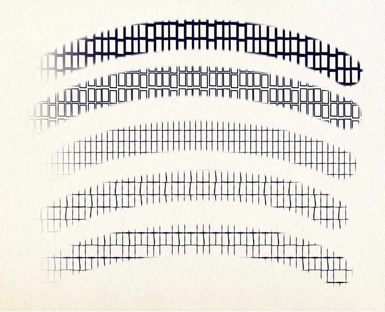 May include: A series of five black and white grid patterns, each with a slightly different design, are arranged in a curved, overlapping pattern on a white background.