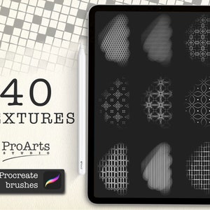 May include: A digital tablet screen displaying 40 different Procreate brush textures. The textures are black and white and feature geometric patterns, lines, and dots.