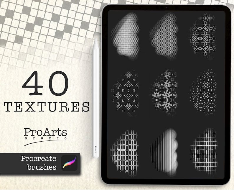 May include: A digital tablet screen displaying 40 different Procreate brush textures. The textures are black and white and feature geometric patterns, lines, and dots.