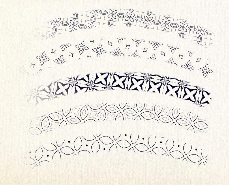 May include: Five black and white patterned borders with different geometric designs. The borders are arranged in a vertical stack, with the top border being the largest and the bottom border being the smallest.