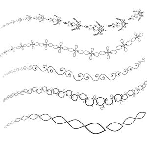 May include: Five different decorative borders, each with a unique design. The first border features a series of small, stylized arrows. The second border features a series of small, stylized flowers. The third border features a series of small, stylized waves. The fourth border features a series of small, stylized circles. The fifth border features a series of small, stylized loops.