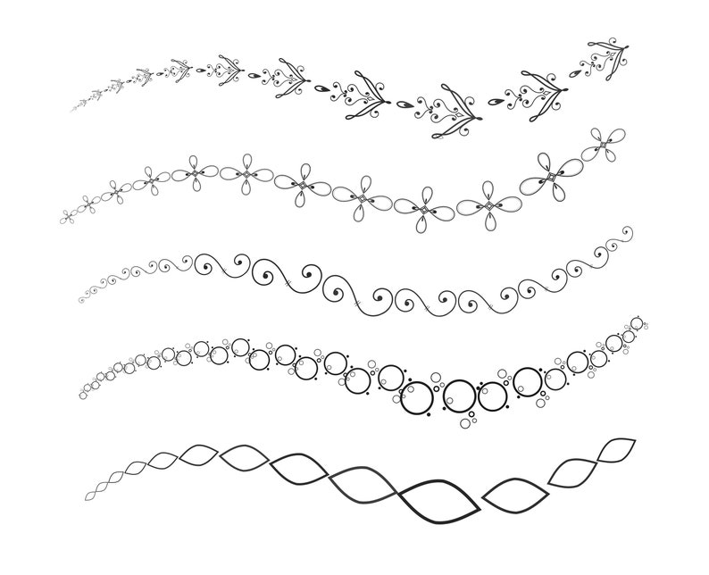 May include: Five different decorative borders, each with a unique design. The first border features a series of small, stylized arrows. The second border features a series of small, stylized flowers. The third border features a series of small, stylized waves. The fourth border features a series of small, stylized circles. The fifth border features a series of small, stylized loops.