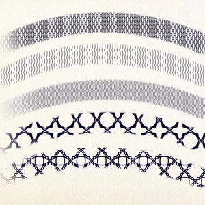 May include: Five different black and white patterns are arranged in a row, each pattern is curved and slightly faded at the edges.