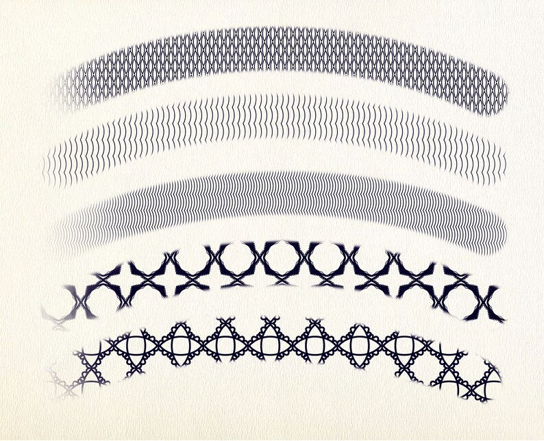 May include: Five different black and white patterns are arranged in a row, each pattern is curved and slightly faded at the edges.