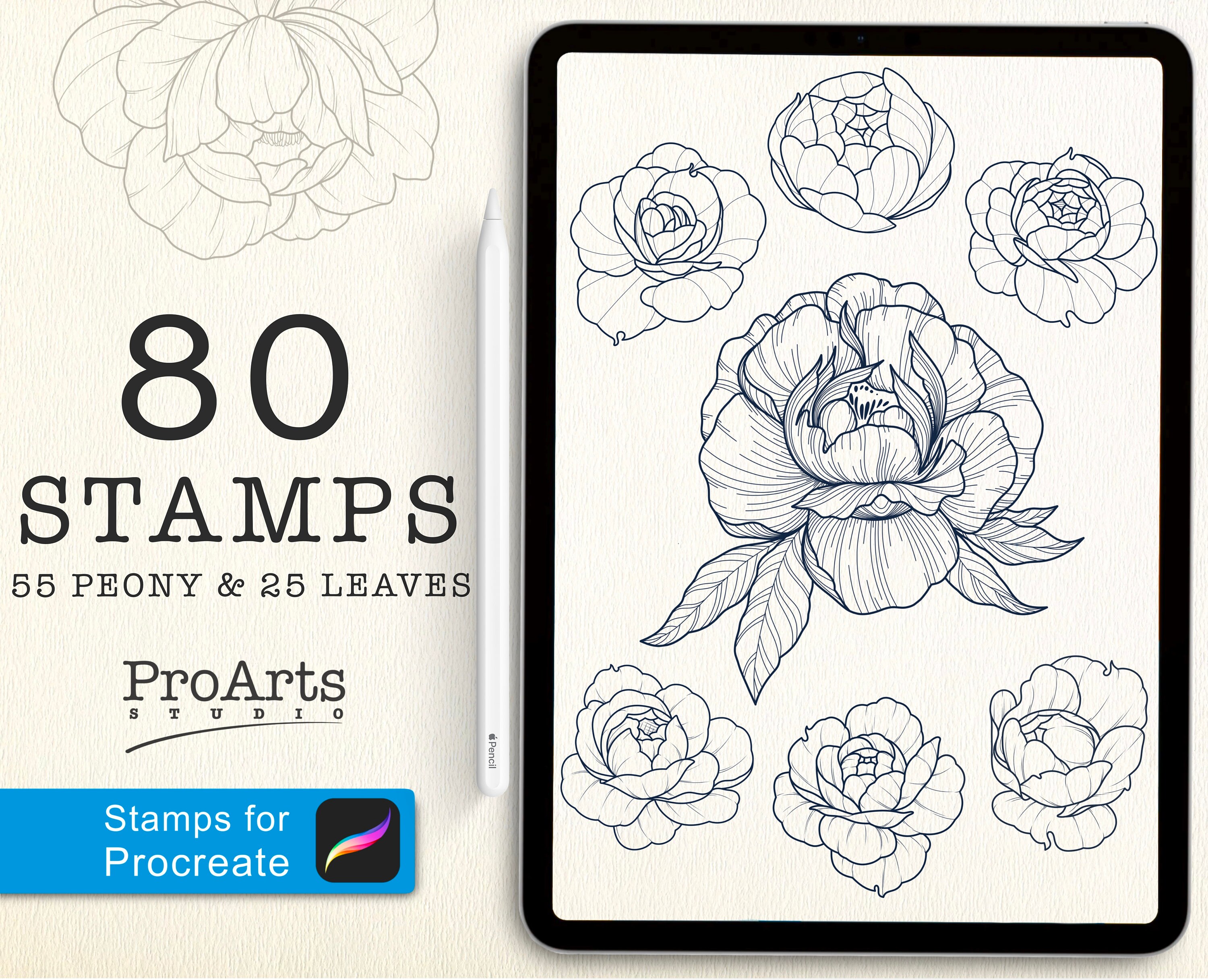Peony Procreate Tattoo Brush Set, Brush Tattoo Peony Stencil Set for Procreate, Tattoo Brushes for Procreate, Peony Brushes set. Ipad.