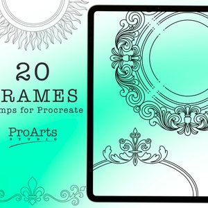 May include: A digital illustration of 20 ornate frames for use with the Procreate app. The frames are in black and white and feature intricate designs with swirls and flourishes. The text "20 FRAMES" and "stamps for Procreate" is displayed in black text on a light green background. The text "ProArts STUDIO" is displayed in black text on a light green background.