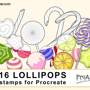 Peut inclure: Un ensemble de 16 tampons numériques représentant différents modèles de sucettes. Les tampons sont en noir et blanc et comprennent une variété de formes, notamment des cœurs, des étoiles, des volutes et des agrumes. Le texte "16 Lollipops stamps for Procreate" est en bas de l'image.