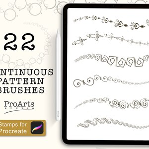 May include: A digital illustration of 22 continuous pattern brushes for Procreate. The brushes are displayed on a white background with a black outline. The brushes are all different designs, including swirls, diamonds, and floral patterns.