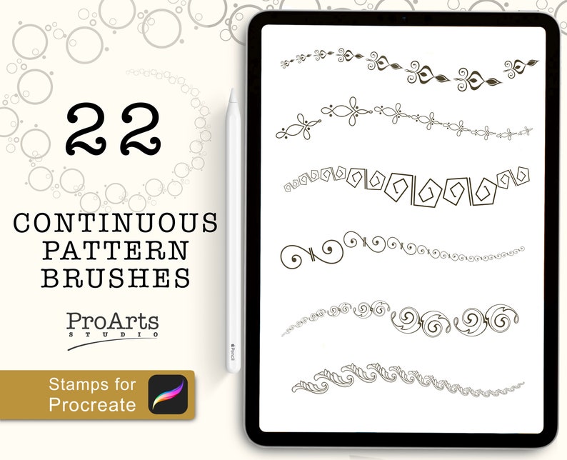 May include: A digital illustration of 22 continuous pattern brushes for Procreate. The brushes are displayed on a white background with a black outline. The brushes are all different designs, including swirls, diamonds, and floral patterns.