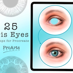May include: A digital tablet screen displaying a set of 25 iris eye stamps for Procreate. The stamps are displayed in two circles, with a blue eye in one circle and a light blue eye in the other circle. The text "25 Iris Eyes" and "stamps for Procreate" is displayed on the screen.