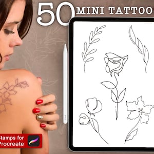 May include: A digital tablet screen displaying 50 mini tattoo designs. The designs are black and white line drawings of flowers and leaves. The text "50 MINI TATTOOS" is at the top of the screen. The text "Stamps for Procreate" is at the bottom of the screen.