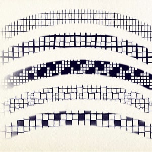 May include: Five rows of black and white squares arranged in a curved pattern, creating a textured, abstract design.