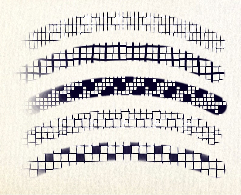 May include: Five rows of black and white squares arranged in a curved pattern, creating a textured, abstract design.