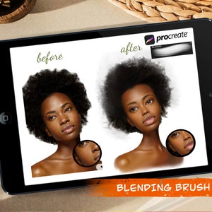 Può includere: Immagine prima e dopo che mostra l'effetto di un pennello di fusione su un ritratto digitale di una persona con la pelle scura e i capelli ricci. Il testo "procreate" e "blending brush" è visibile sull'immagine.