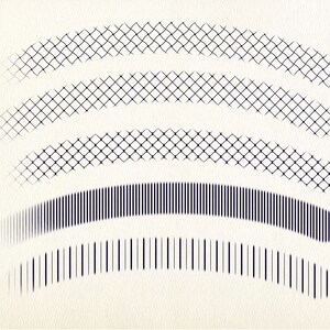 May include: A series of five curved lines with different patterns. The top line has a grid pattern, the second line has a diamond pattern, the third line has a grid pattern, the fourth line has a series of vertical lines, and the fifth line has a series of vertical lines.