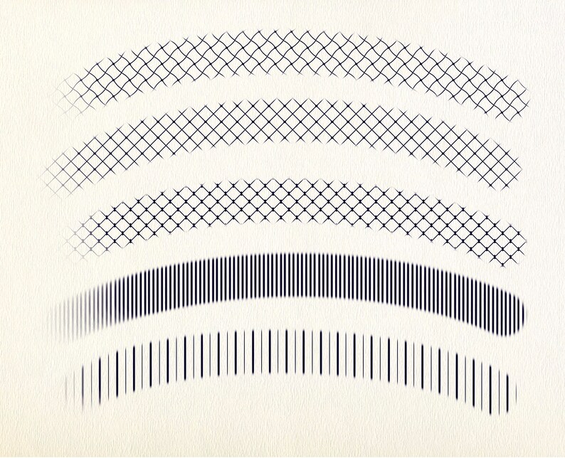 May include: A series of five curved lines with different patterns. The top line has a grid pattern, the second line has a diamond pattern, the third line has a grid pattern, the fourth line has a series of vertical lines, and the fifth line has a series of vertical lines.