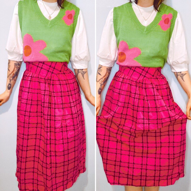 80\u2019s deadstock plaid highwaisted skirt Neon pink plaid