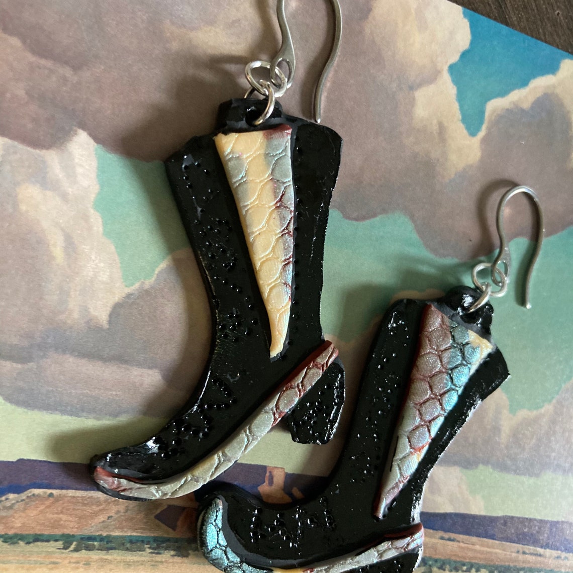 Handmade Polymer Clay Cowboy Boot Earrings Western Witchy Etsy