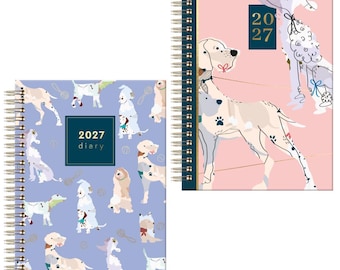 2027 A5 Wiro Spiral Hardback Diary Planner Week to View Organizer | Gold Foil Cover | Weekly Planner with Year Planner, Dogs Design
