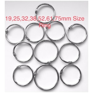May include: Assortment of silver metal ring binder rings in various sizes, ranging from 19mm to 75mm.  19, 25, 32, 38, 52, 61, 75mm Size Ring
