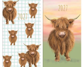 2027 Slim Pocket Diary, Week-to-View Layout, Hardback Cover, 16cm x 9cm, Highland Cow Design, Home & Office Organiser.
