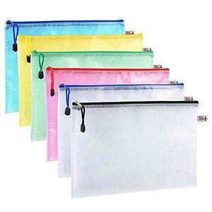 May include: Six colourful zippered document pouches in a stack. The pouches are light blue, yellow, green, pink, blue, and white. Each has a matching zip and pull. The pouches are made of a mesh material.