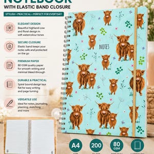 May include: An A4 spiral-bound notebook with an elastic band closure. The cover displays a light blue design with illustrations of brown highland cows and floral elements. It contains 200 pages of 80 gsm premium paper and a hardback cover.