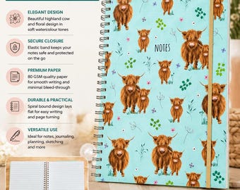 A4 Size Highland Cow Wiro Hardback  Notebook Lined Twin wire Notepad Hardback Cover School 80 Gsm