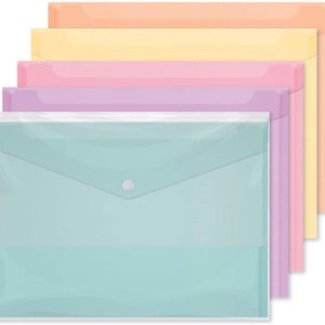 May include: A set of five clear plastic folders with a button closure. The folders are in different pastel colours: light blue, lavender, pink, yellow, and orange.