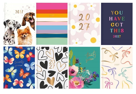2027 A5 Week to View Diary, Assorted Designs, Hardback Cover, Ribbon Marker, Full Year Planner, Organiser