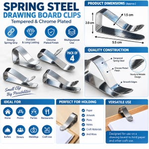May include: A pack of four silver-coloured spring steel drawing board clips with a chrome-plated finish. The clips feature a curved design with smooth edges. Dimensions shown are 2.0 cm in height, 1.5 cm in width, and 5.5 cm in length.