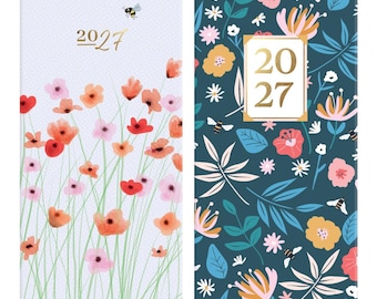 2027 Slim Pocket Diary, Week-to-View Layout, Hardback Cover, 16cm x 9cm, Floral Design, Home & Office Organiser.
