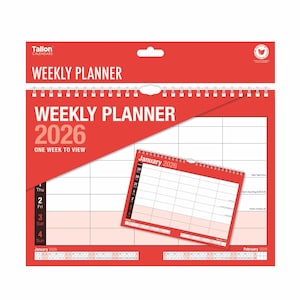 May include: A red 2026 weekly planner with a smaller January 2026 calendar. The planner displays "WEEKLY PLANNER" and "ONE WEEK TO VIEW". The calendar is spiral-bound and has space for each day of the week.