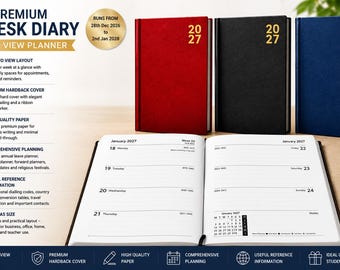 2027 Premium Hard Cover Desk Diary Week to View A5 Size Home Office Full Year Planner, Organizer With Ribbon Marker for Business, Home