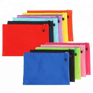 May include: A selection of brightly coloured zipped document pouches in shades such as red, blue, black, and pink. Each pouch has a textured surface and a matching zip pull. The pouches are arranged in a layered display.