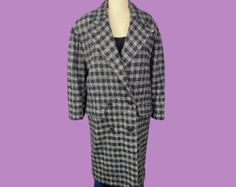 Vintage Houndstooth Double Breasted Wool Blend Trench Coat, Size 9/10