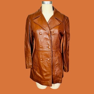 Chaqueta vintage de cuero Cabretta color coñac, cruzada