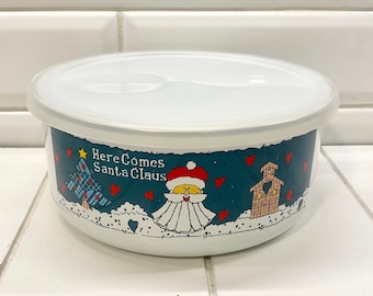 Bols de Noël vintage en émail avec couvercle en plastique, voici le père Noël