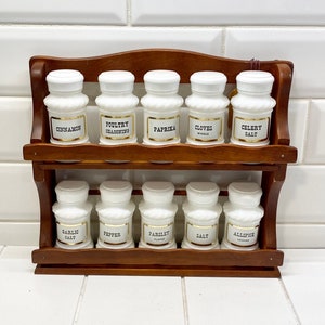 Vintage Wooden Spice Rack with 10 Milk Glass Spice Jars, Vintage Spice Rack, Farmhouse Decor, Milk Glass Spice Jars