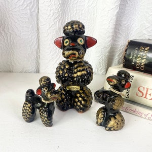 Vintage Anthropomorphic Black and Gold Poodle with Puppies, Mid Century Modern, Vintage Ceramic Poodles, Porcelain Poodles, Set of 3