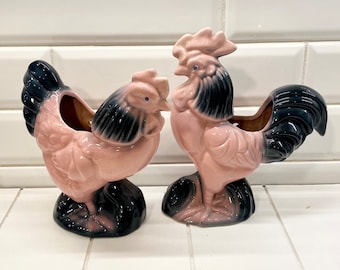 Vintage Large Pink Morton Ceramic Rooster and Hen Wall Pocket, Rooster Planter, Modern Farmhouse, Pink and Black Chicken, Set of Two