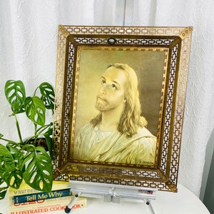 impression de portrait de Jésus vintage avec cadre en laiton, tenture murale de Jésus, art mural religieux, décor religieux, portrait de tête de Jésus-Christ