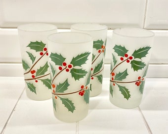Verres de Noël vintage Holly Frosted, Accessoires de Bar Mid-Century, Set de 4