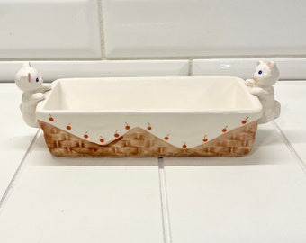 Vintage Kitschy Ceramic Cat Butter Dish, Cracker Holder