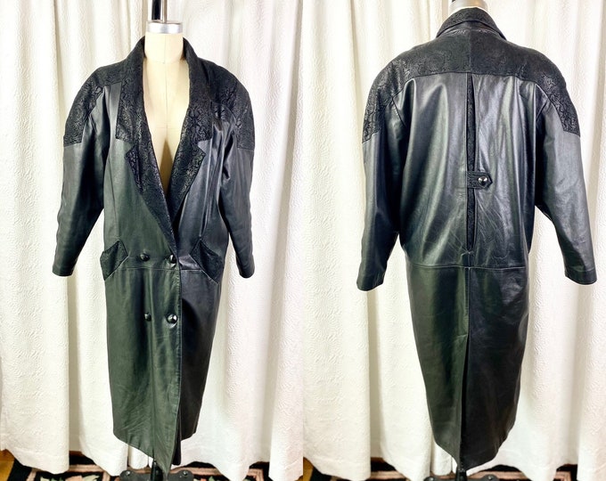 Vintage 1980s Black Leather Trench Coat With Paisley Tooling, Black ...