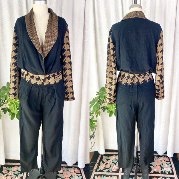 Vintage 1980s Black and Gold Houndstooth Two Piece Suit, Vintage Houndstooth Suit, Vintage Linen Suit, Vintage Linen Clothing, Size 10
