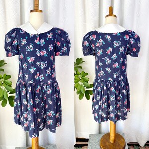 Vintage Laura Ashley Navy Blue Floral Cotton Dress, Vintage Laura Ashley, Made in Great Britain, Wide Collars, Size 6 Vintage Dress